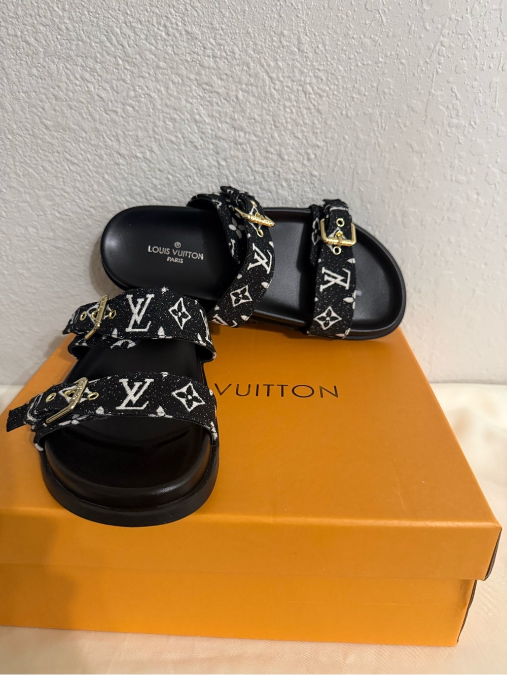 Louis Vuitton Black Monogram Strap Buckle Sandals